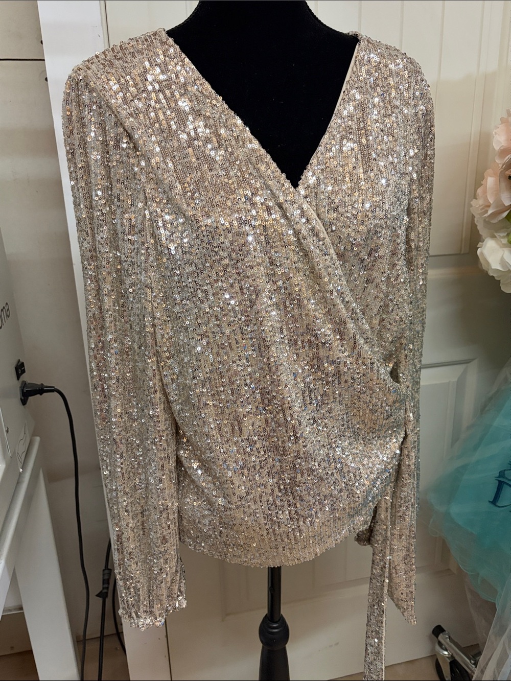 Sparkle Wrap Blouse in Champagne Sequin